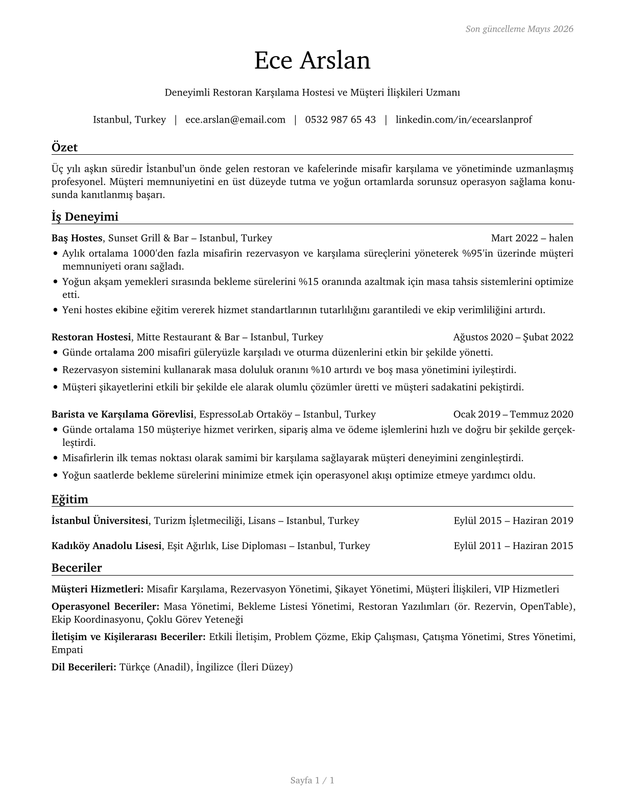 Hosts and Hostesses, Restaurant, Lounge, and Coffee Shop CV in Turkish — page 1
