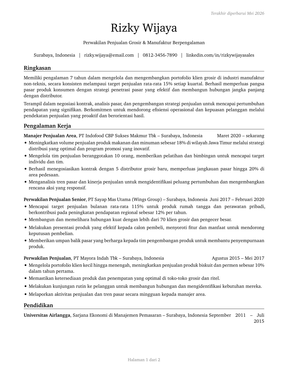 Sales Representatives, Wholesale and Manufacturing, Except Technical and Scientific Products CV in Indonesian — page 1