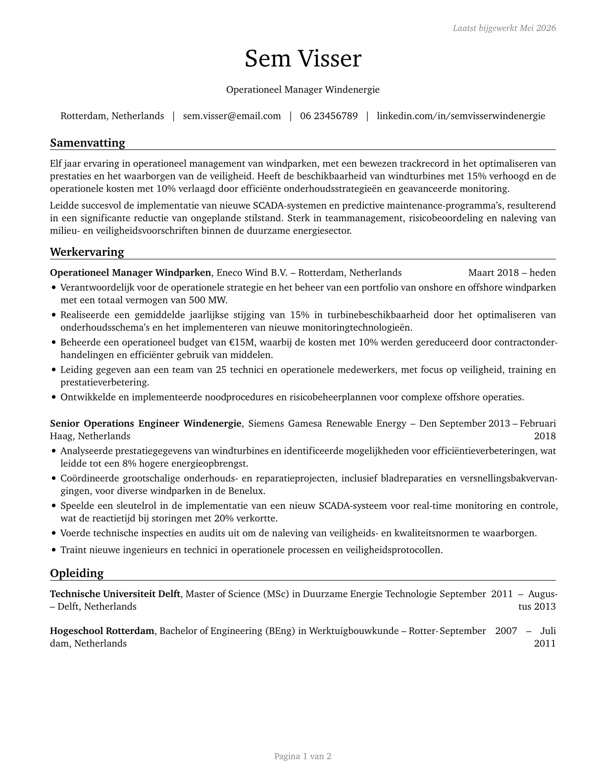 Wind Energy Operations Managers CV in Dutch — page 1