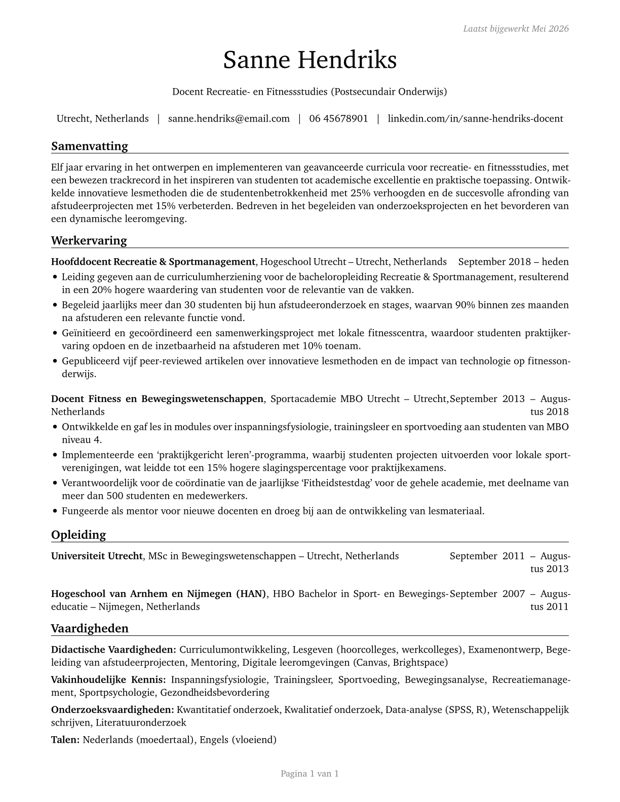 Recreation and Fitness Studies Teachers, Postsecondary CV in Dutch — page 1