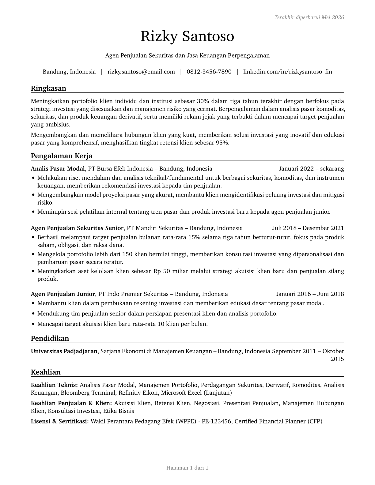 Securities, Commodities, and Financial Services Sales Agents CV in Indonesian — page 1