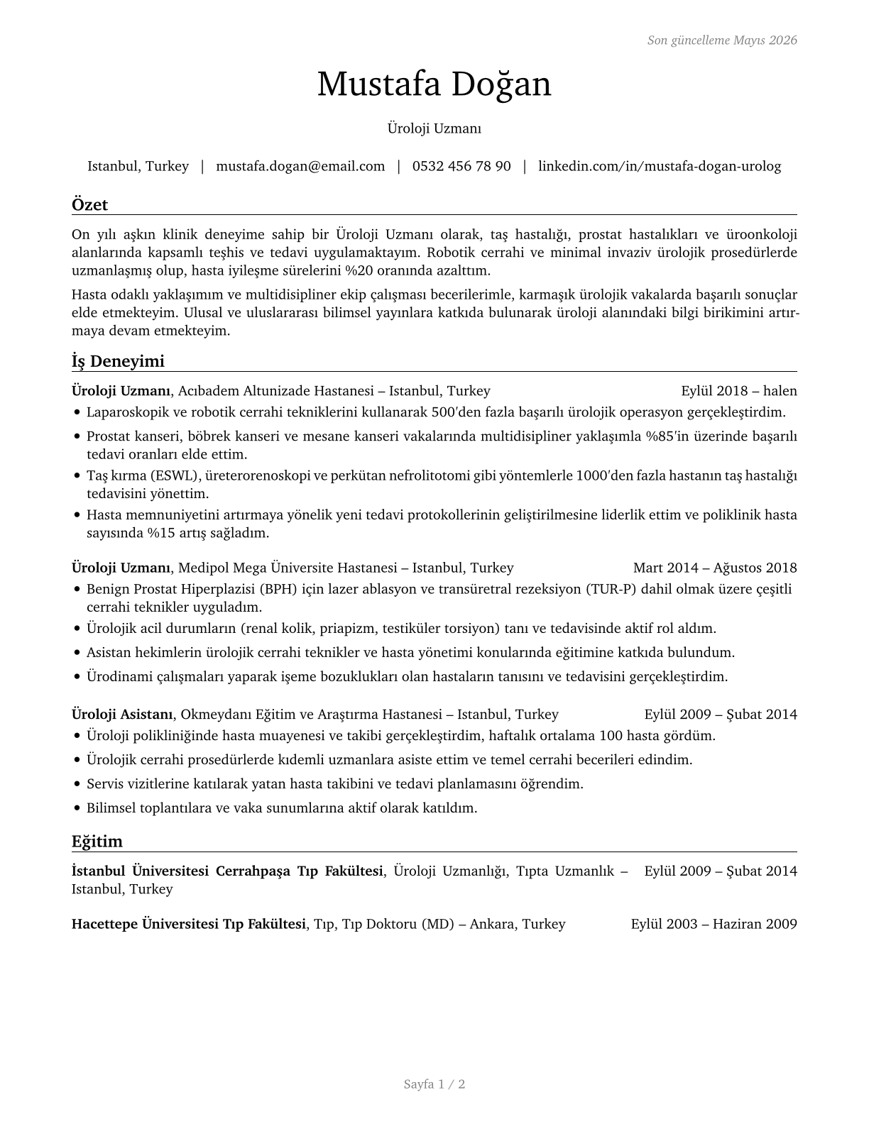 Urologists CV in Turkish — page 1