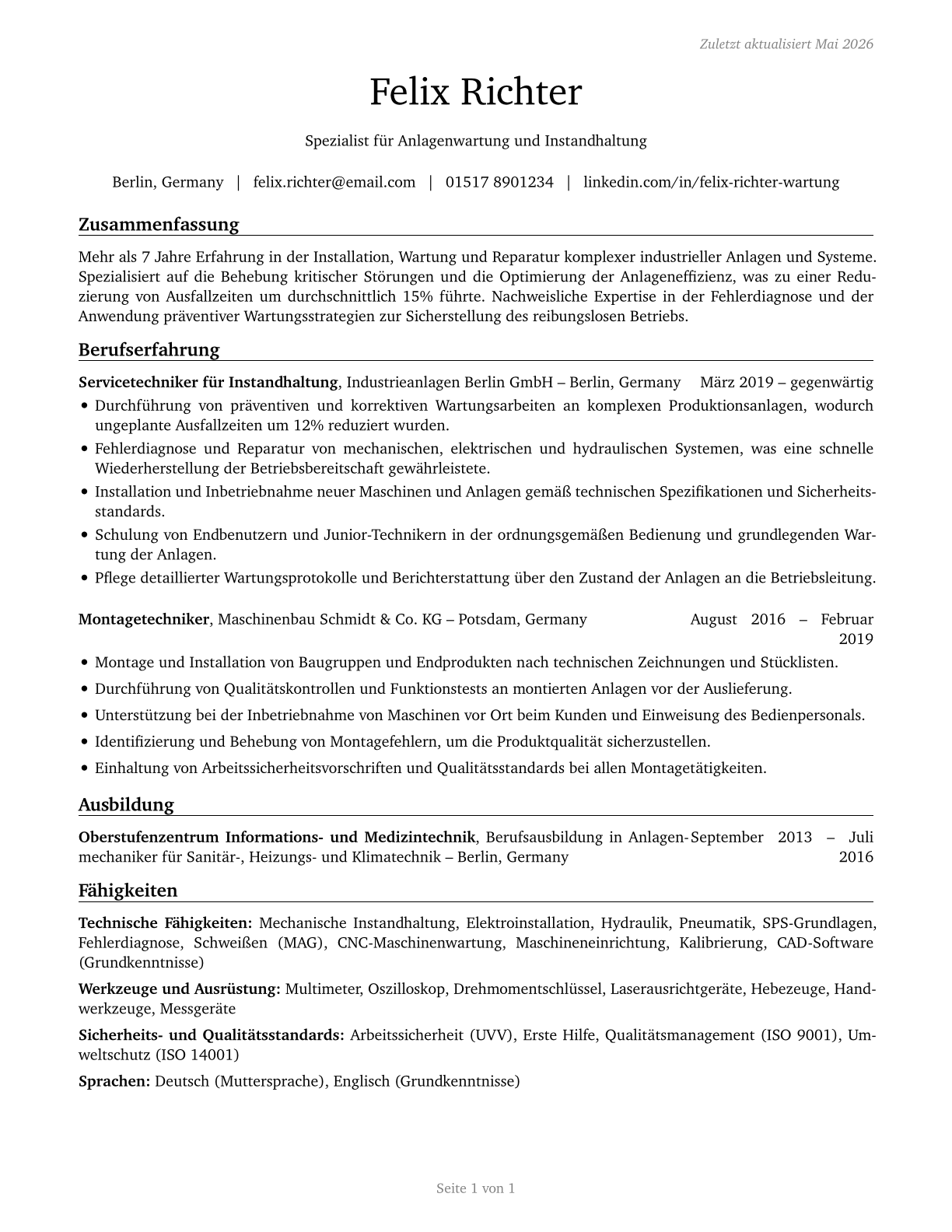 Installation, Maintenance, and Repair Workers, All Other CV in German — page 1