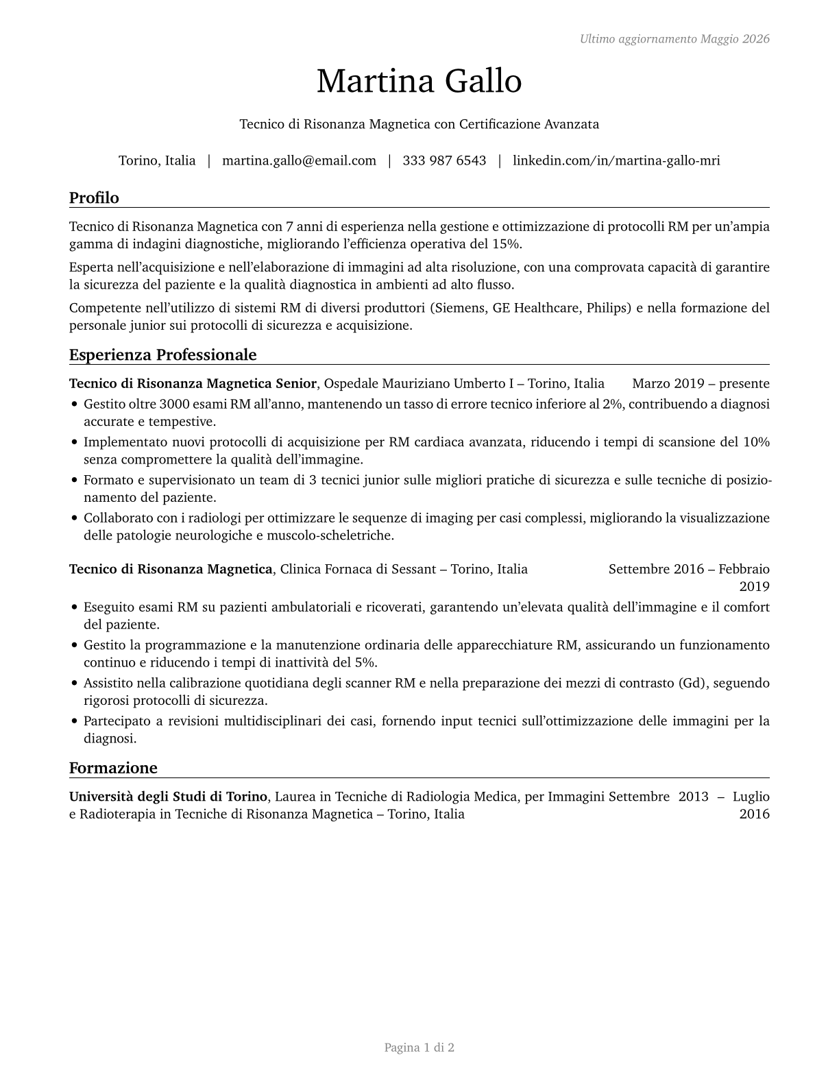 Magnetic Resonance Imaging Technologists CV in Italian — page 1