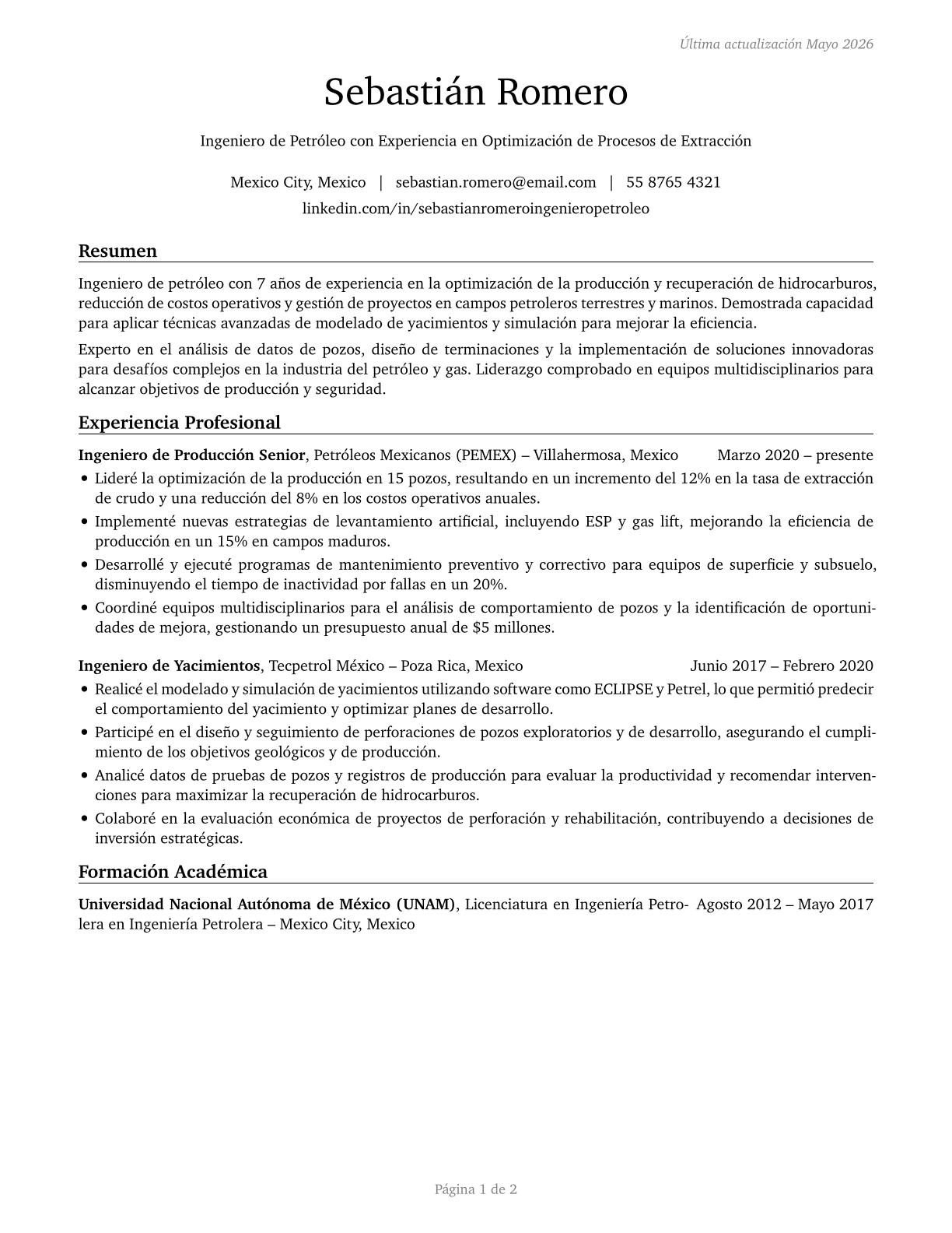Petroleum Engineers CV in Spanish — page 1