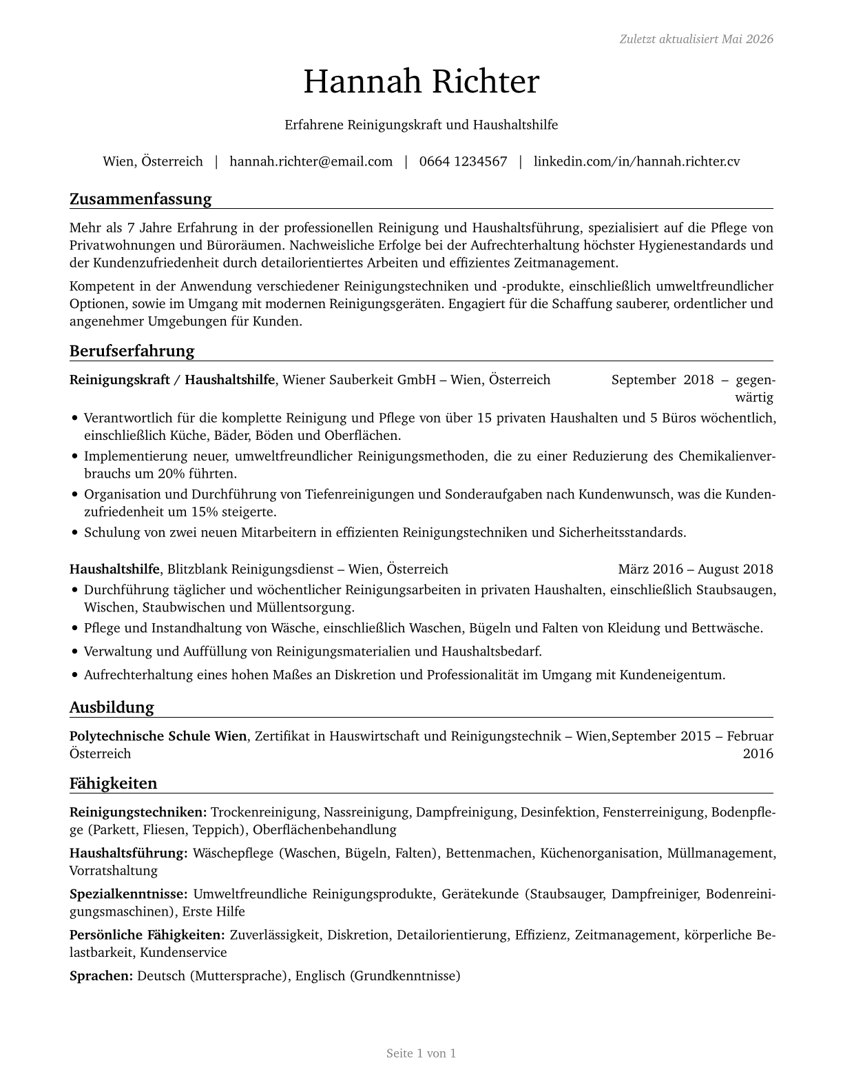 Maids and Housekeeping Cleaners CV in German — page 1