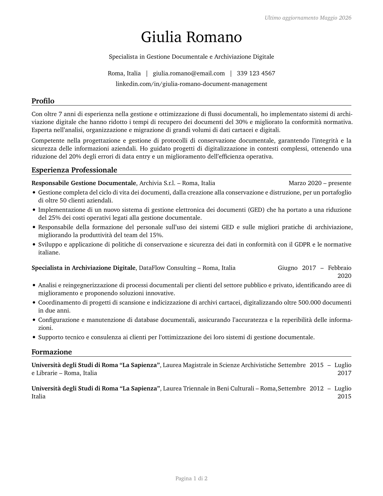 Document Management Specialists CV in Italian — page 1