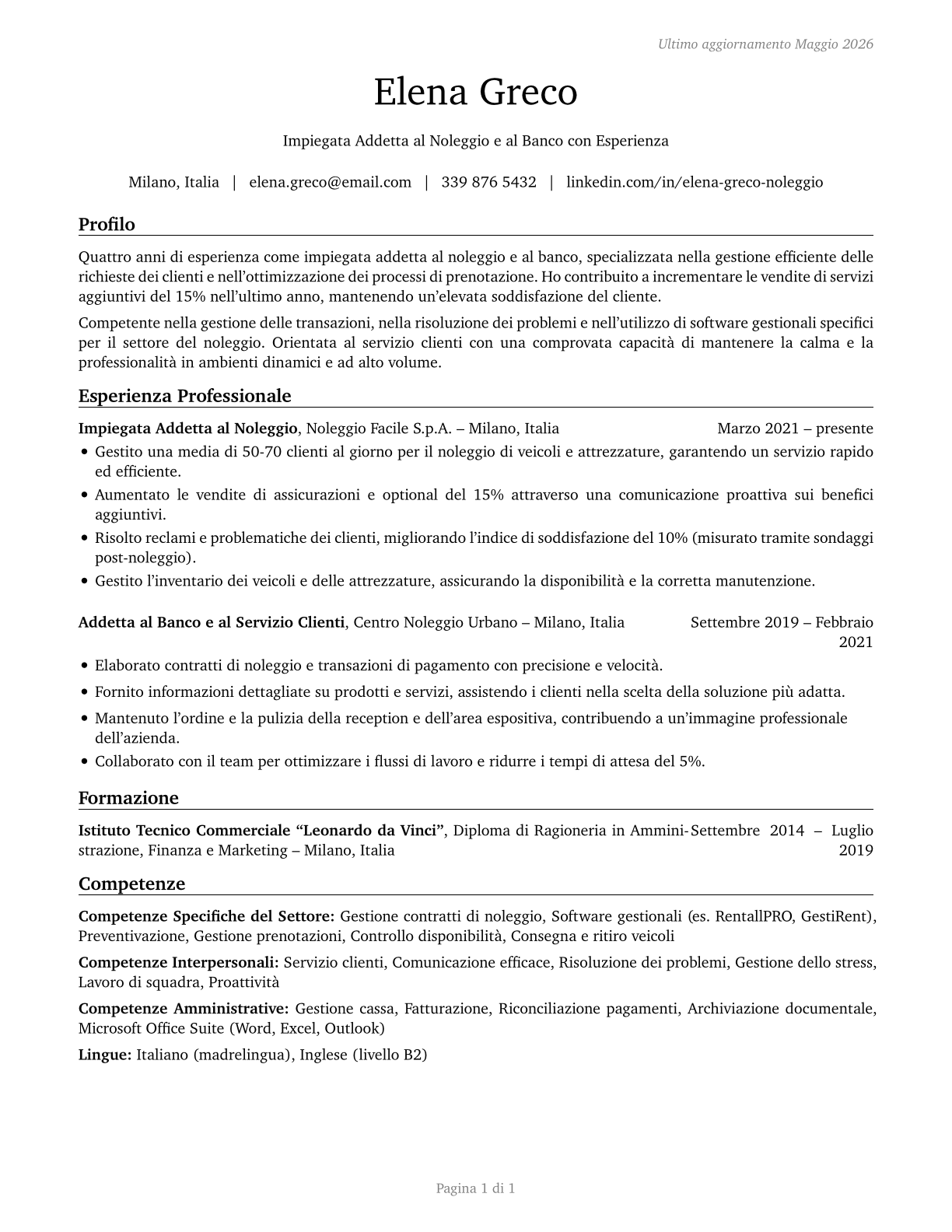 Counter and Rental Clerks CV in Italian — page 1
