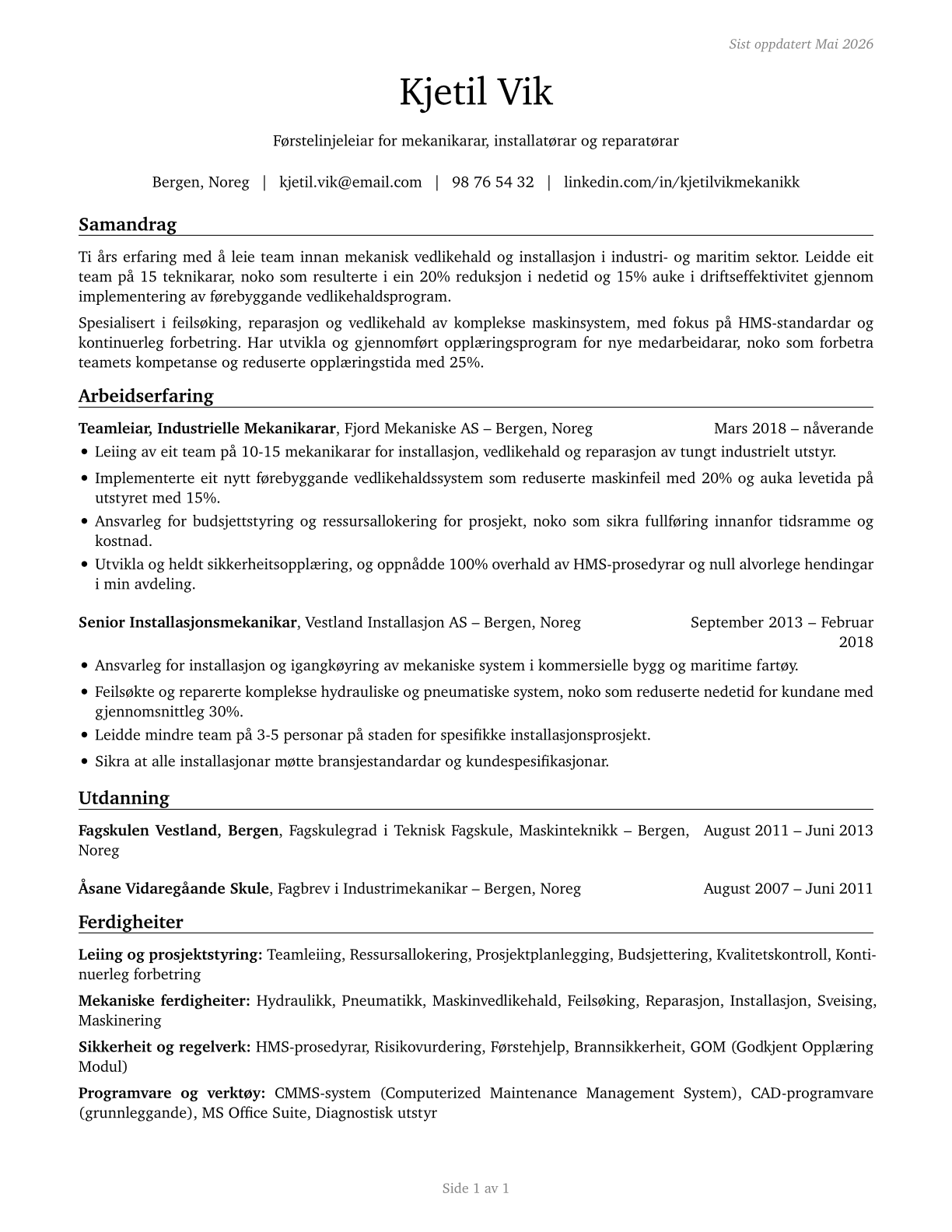First-Line Supervisors of Mechanics, Installers, and Repairers CV in Norwegian_nynorsk — page 1
