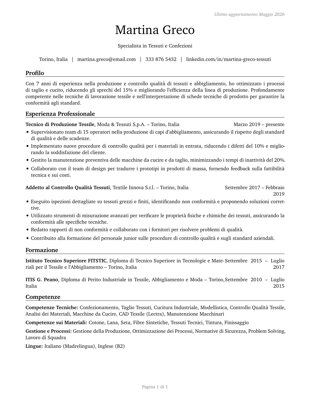 Textile, Apparel, and Furnishings Workers, All Other CV in Italian — page 1
