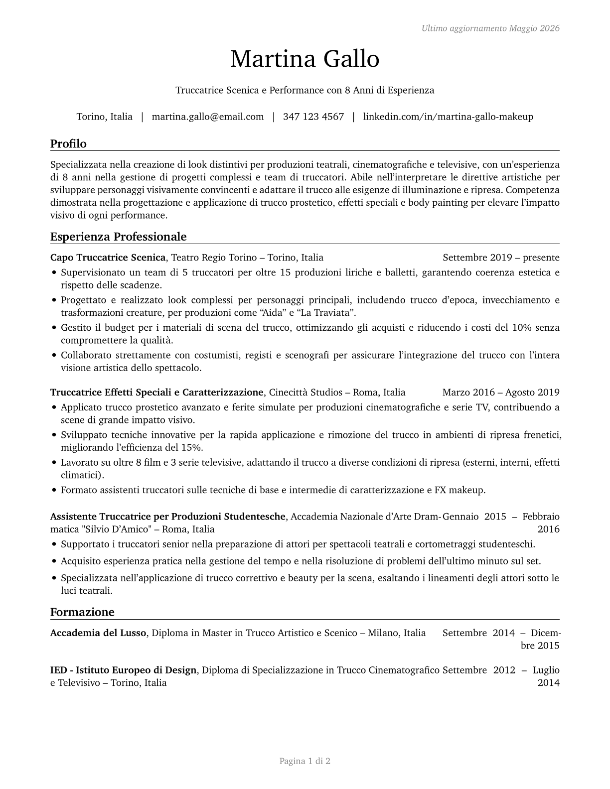 Makeup Artists, Theatrical and Performance CV in Italian — page 1
