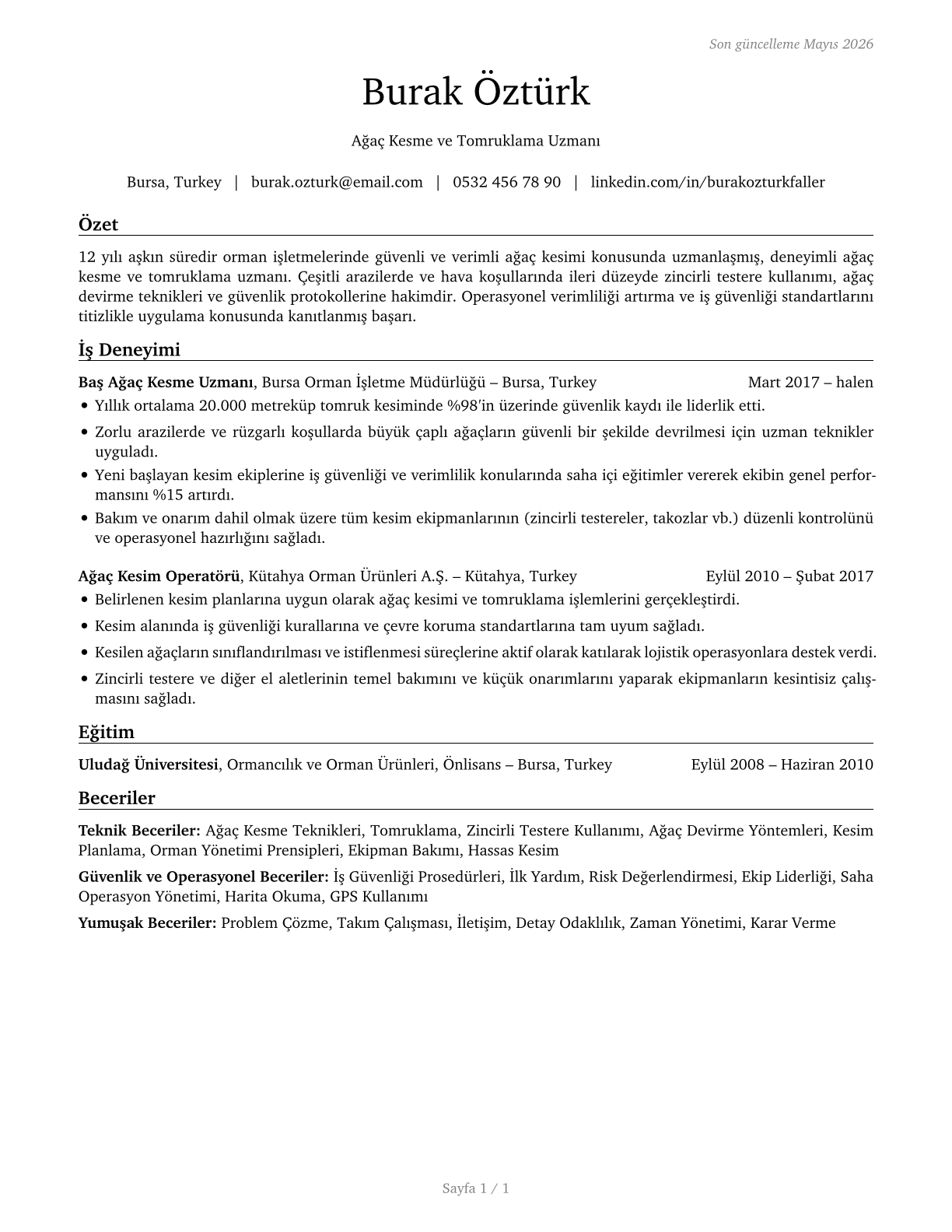 Fallers CV in Turkish — page 1