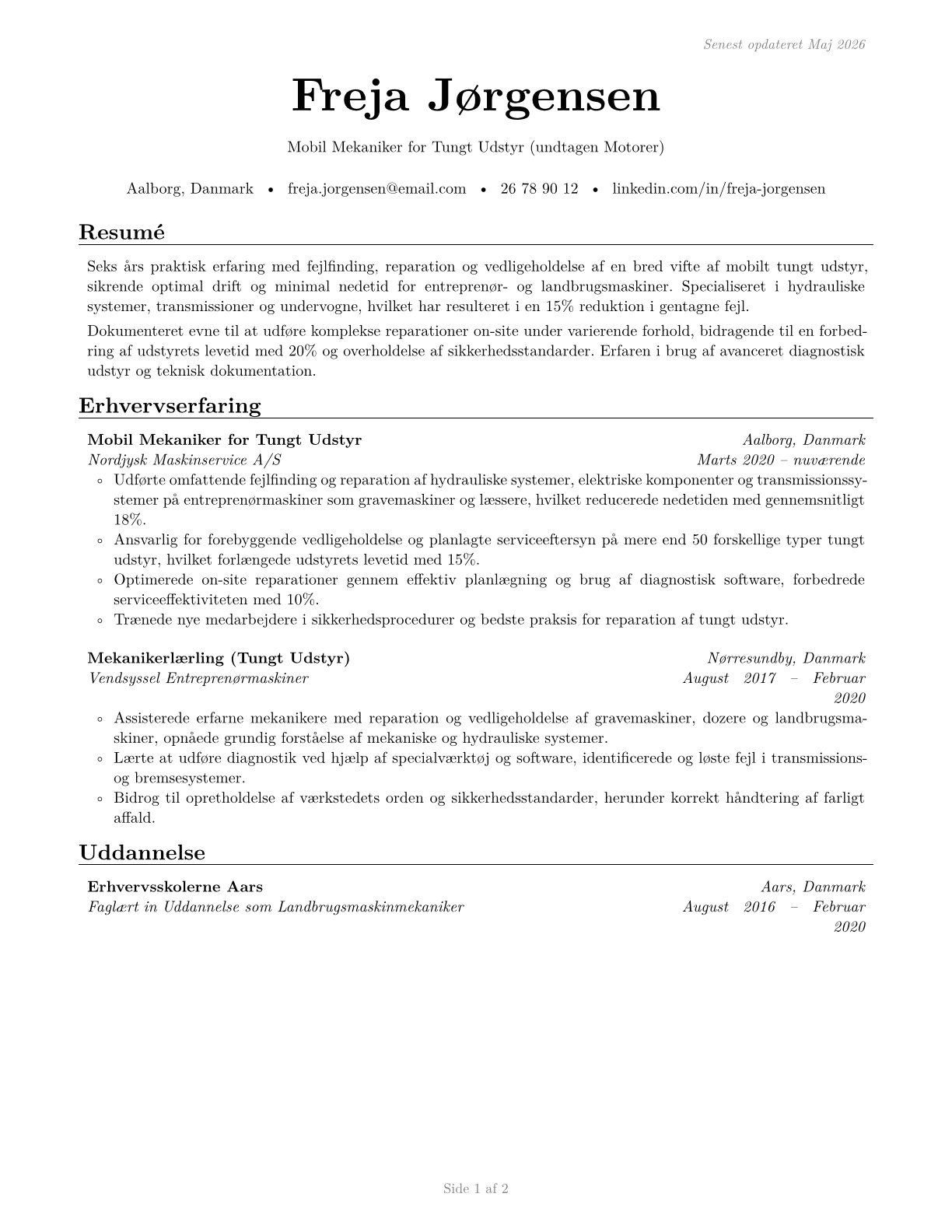Mobile Heavy Equipment Mechanics, Except Engines CV in Danish — page 1