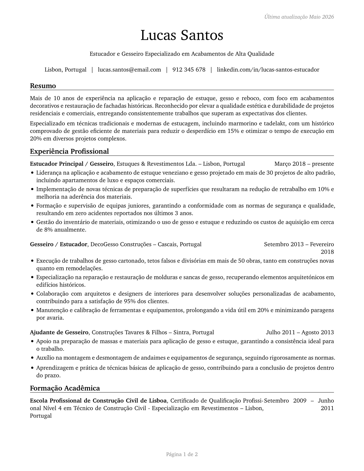 Plasterers and Stucco Masons CV in Portuguese — page 1