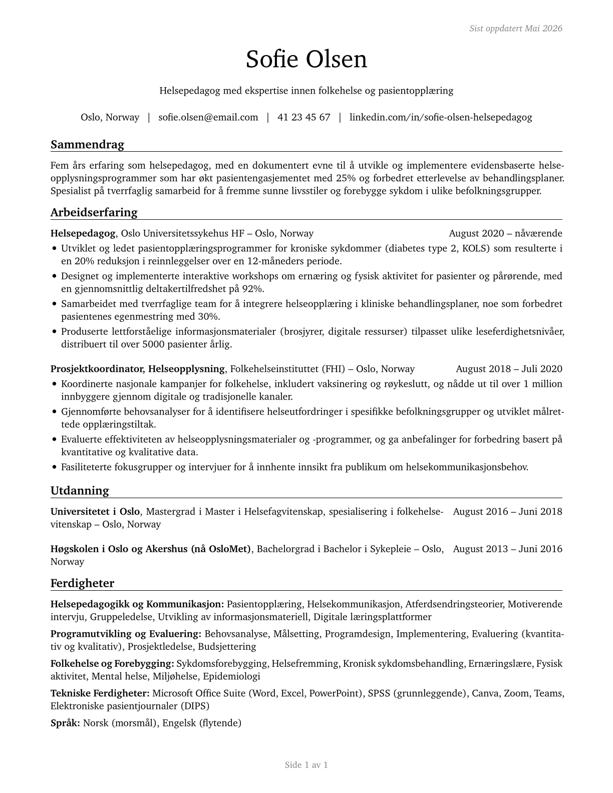 Health Education Specialists CV in Norwegian_bokmal — page 1