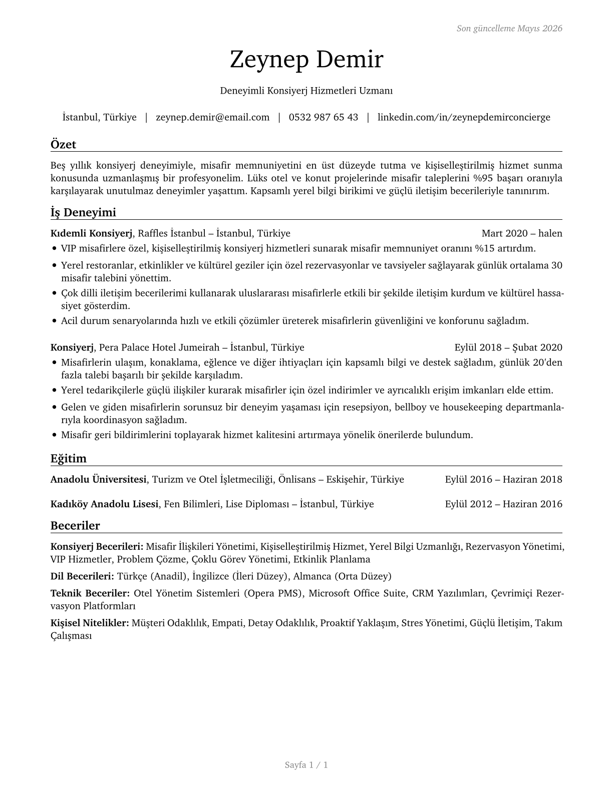 Concierges CV in Turkish — page 1