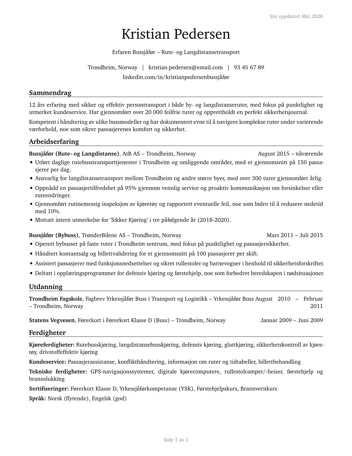 Bus Drivers, Transit and Intercity CV in Norwegian_bokmal — page 1