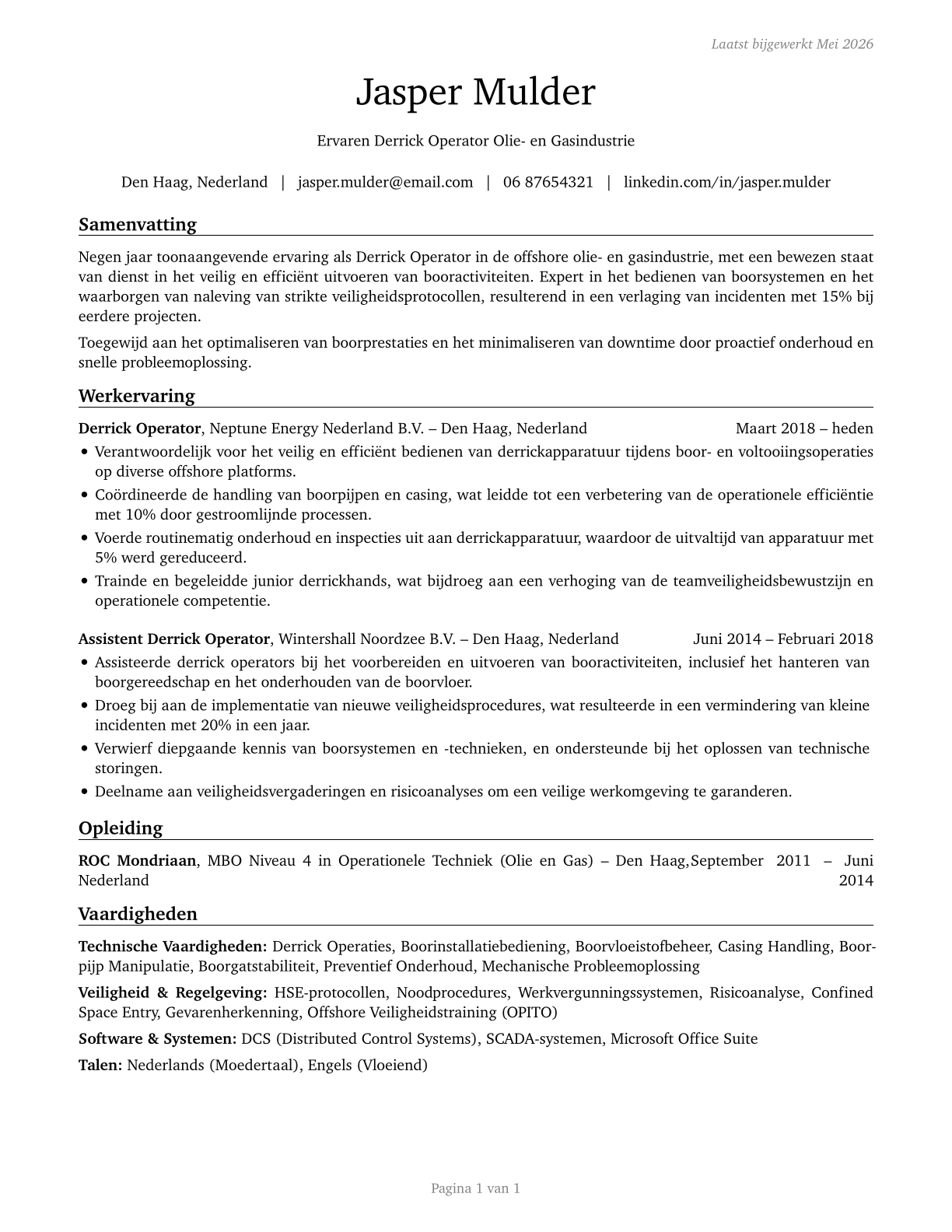 Derrick Operators, Oil and Gas CV in Dutch — page 1