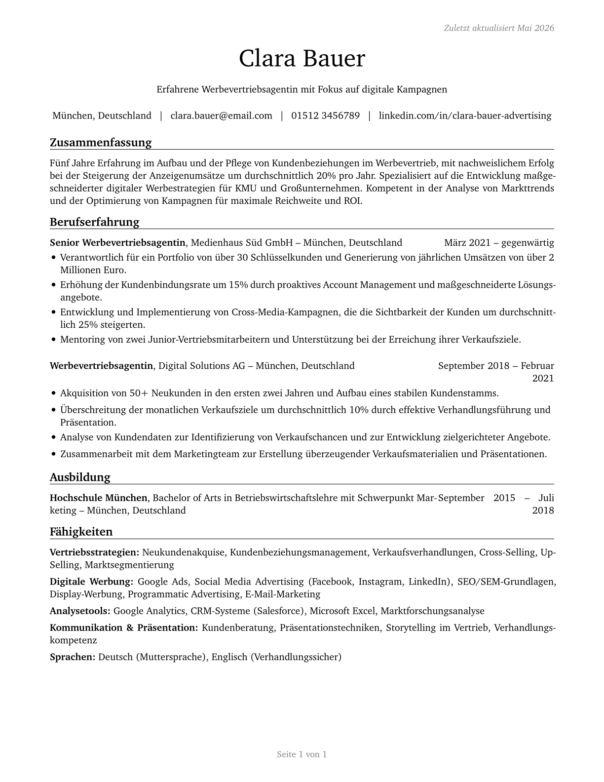 Advertising Sales Agents CV in German — page 1