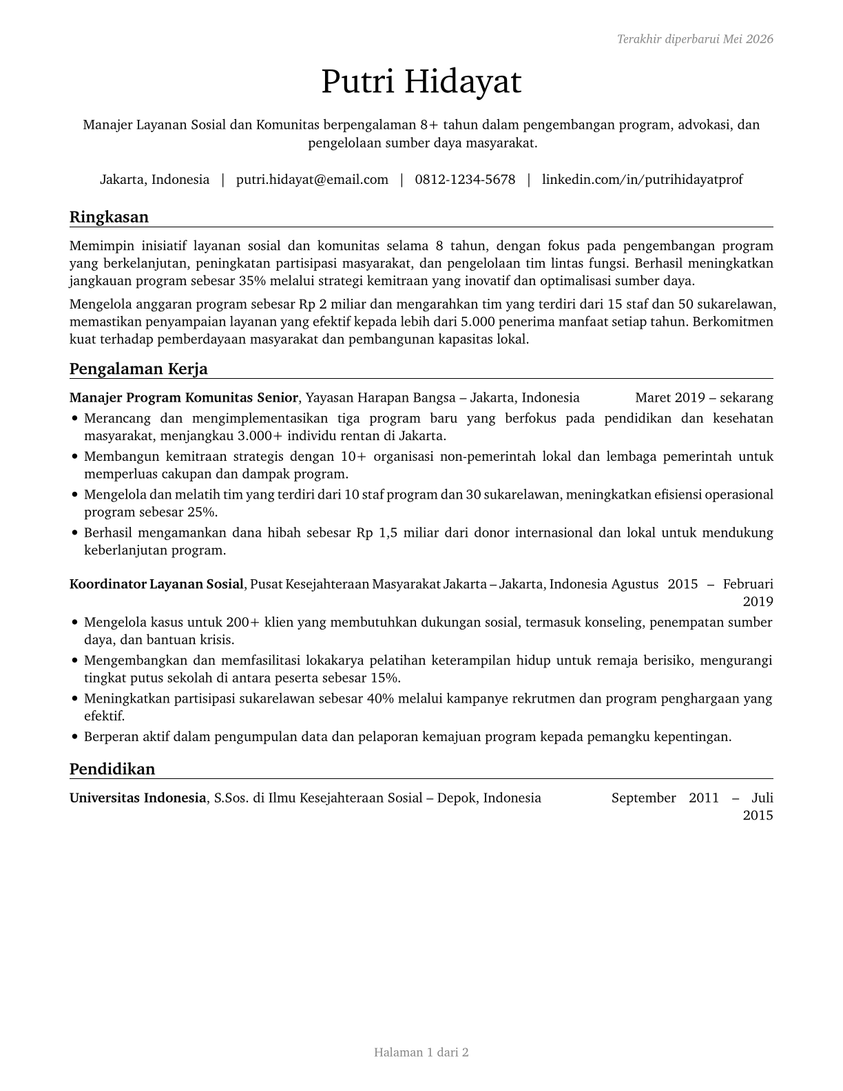 Social and Community Service Managers CV in Indonesian — page 1