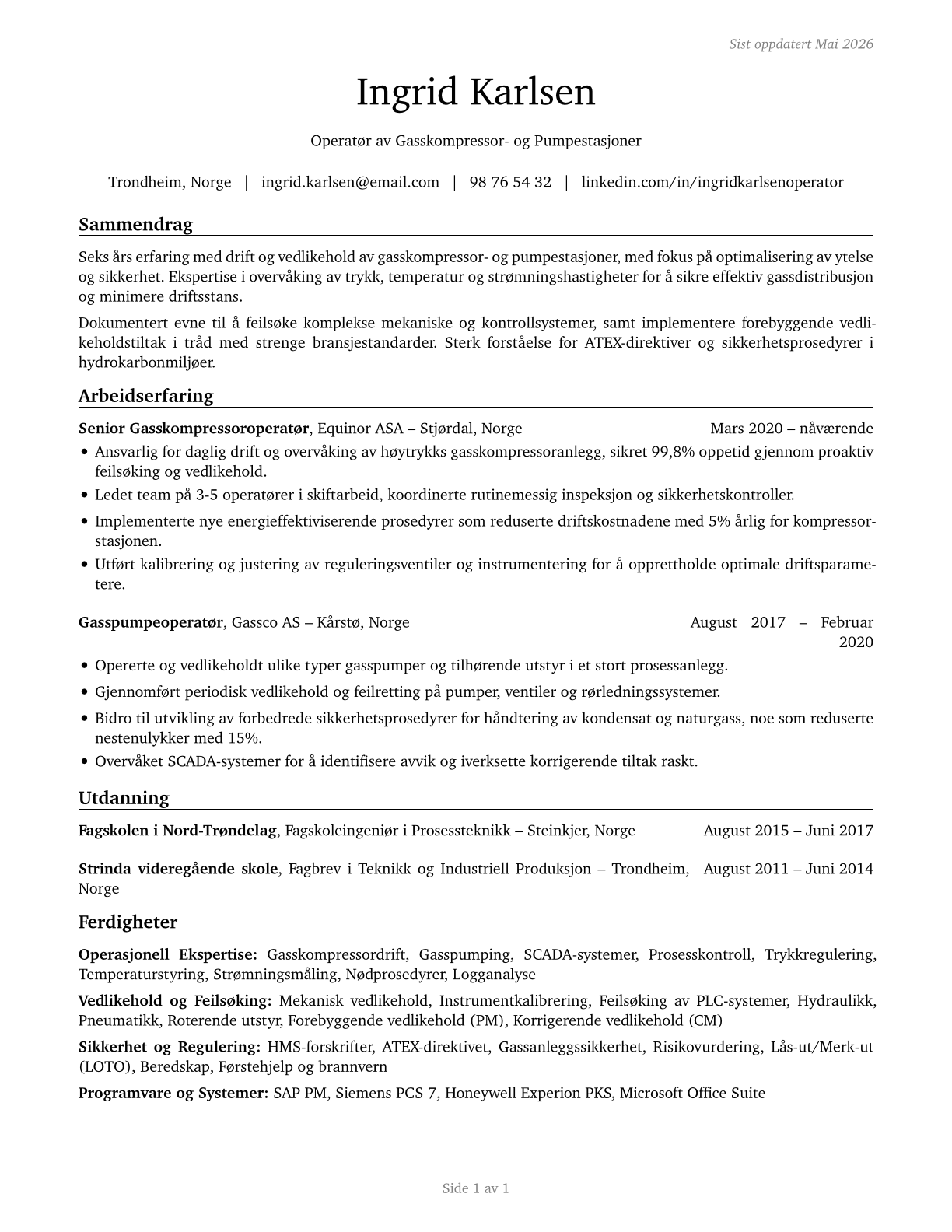 Gas Compressor and Gas Pumping Station Operators CV in Norwegian_bokmal — page 1