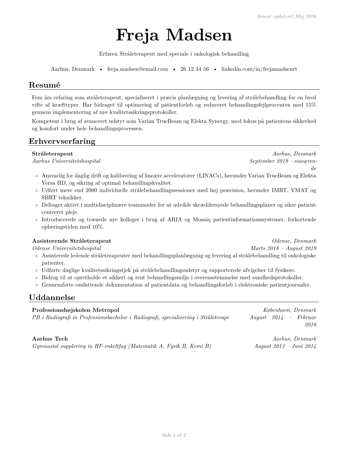 Radiation Therapists CV in Danish — page 1