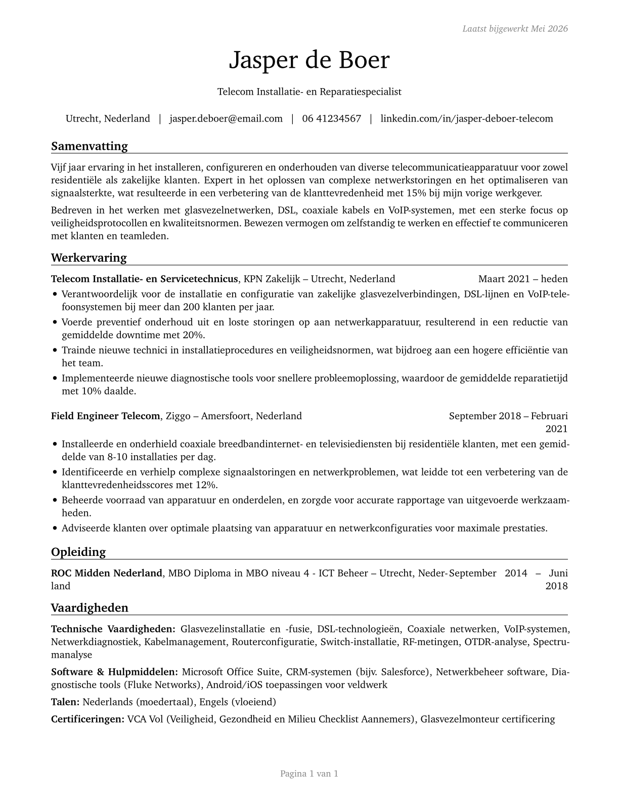 Telecommunications Equipment Installers and Repairers, Except Line Installers CV in Dutch — page 1