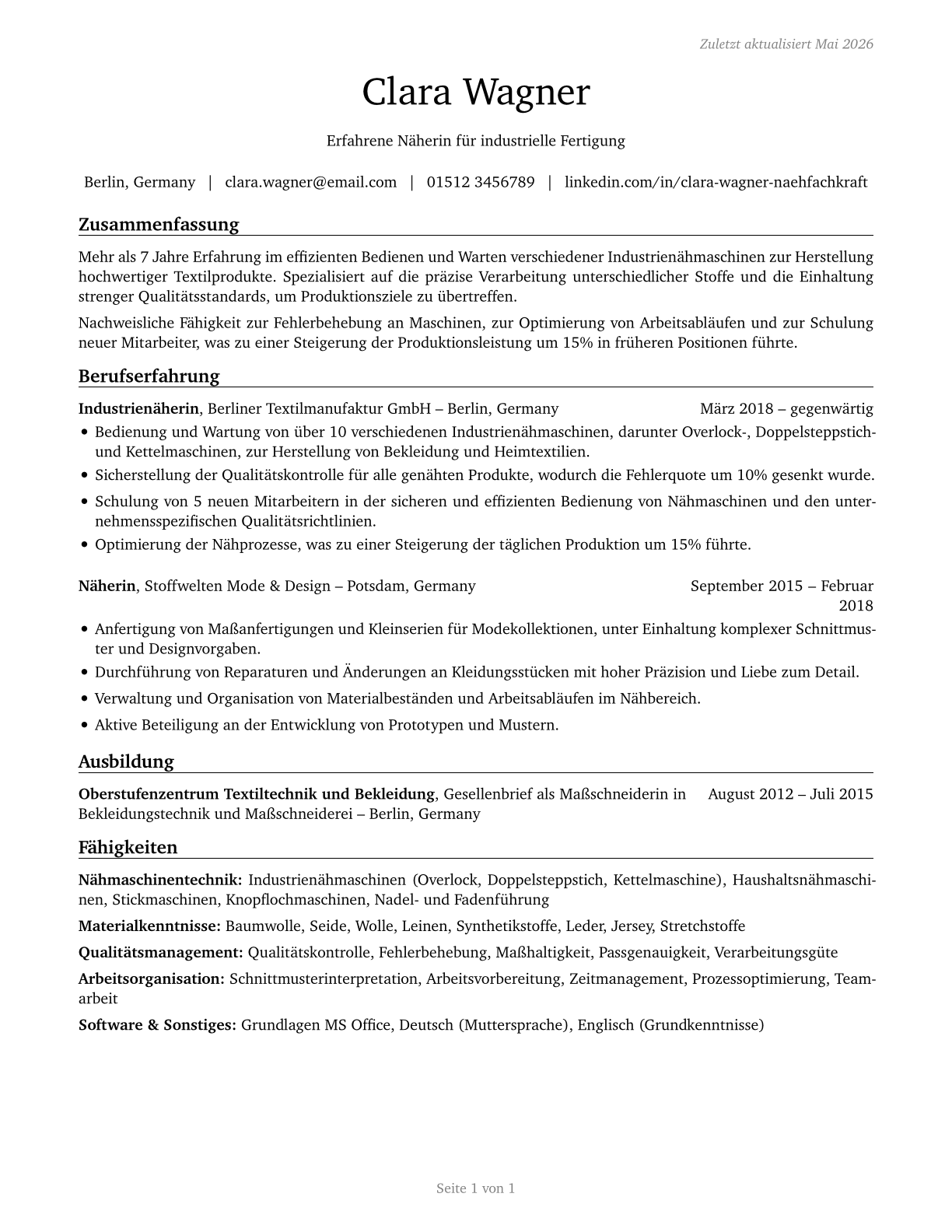 Sewing Machine Operators CV in German — page 1
