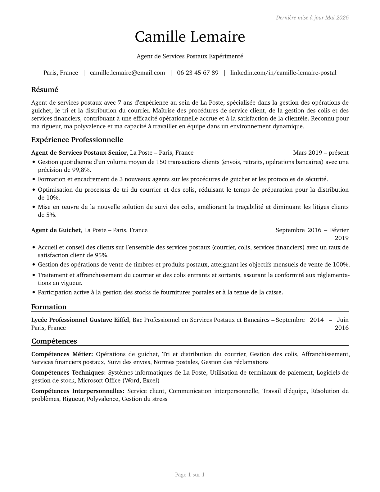Postal Service Clerks CV in French — page 1