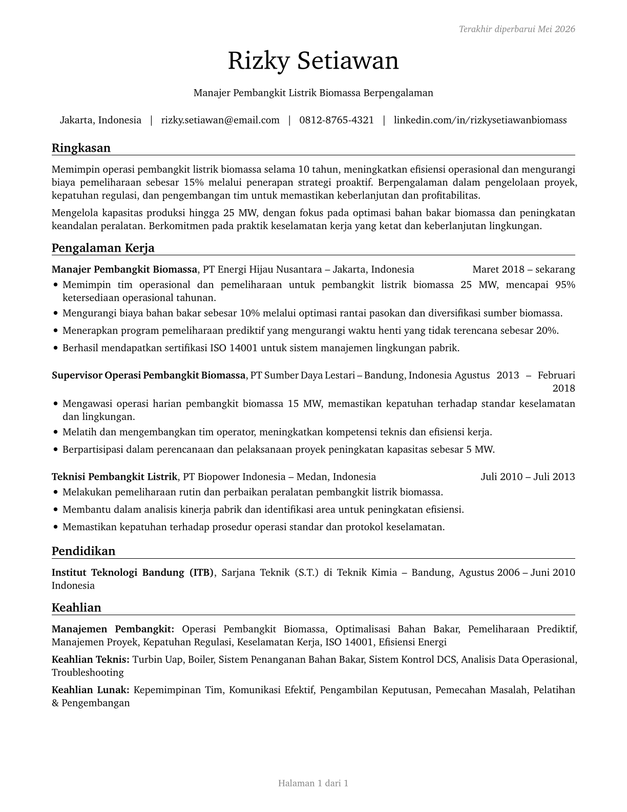 Biomass Power Plant Managers CV in Indonesian — page 1