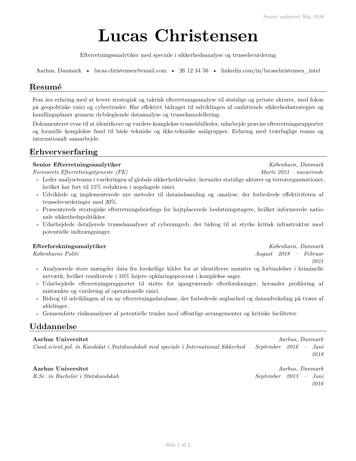 Intelligence Analysts CV in Danish — page 1