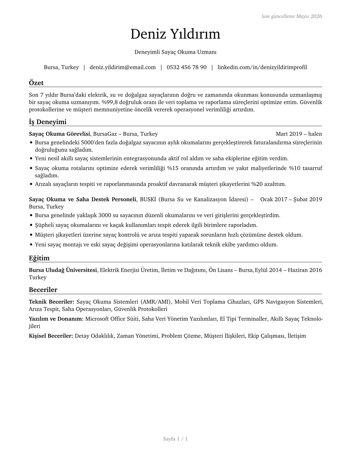 Meter Readers, Utilities CV in Turkish — page 1