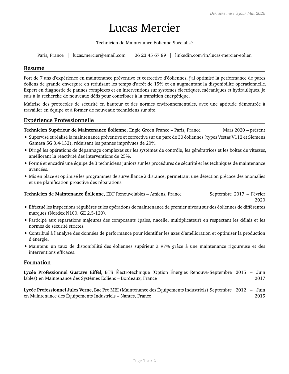 Wind Turbine Service Technicians CV in French — page 1
