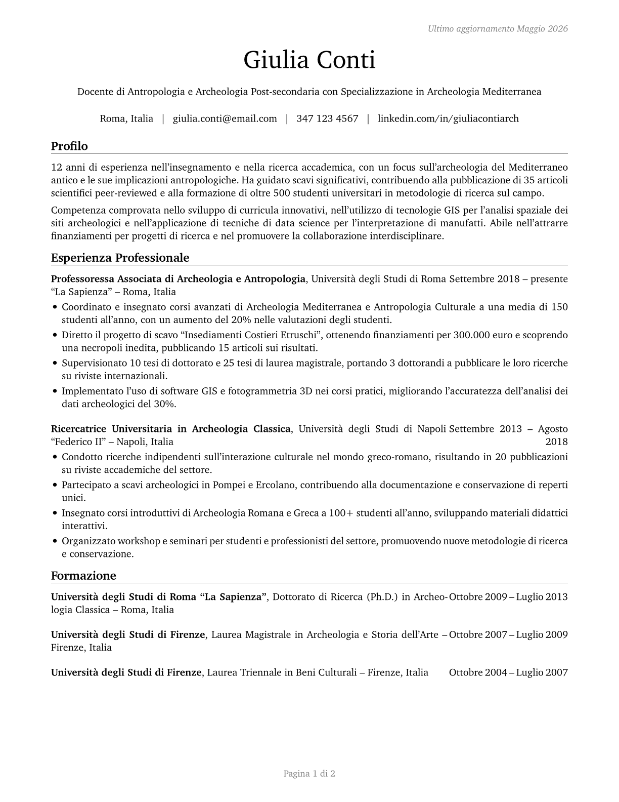 Anthropology and Archeology Teachers, Postsecondary CV in Italian — page 1