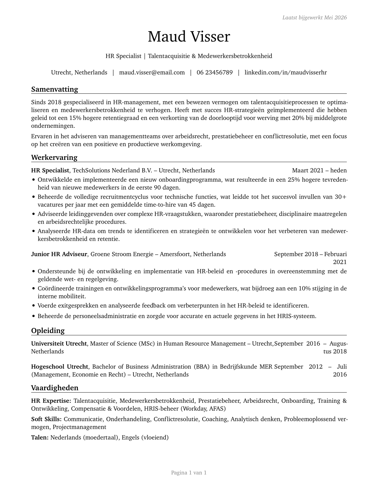 Human Resources Specialists CV in Dutch — page 1