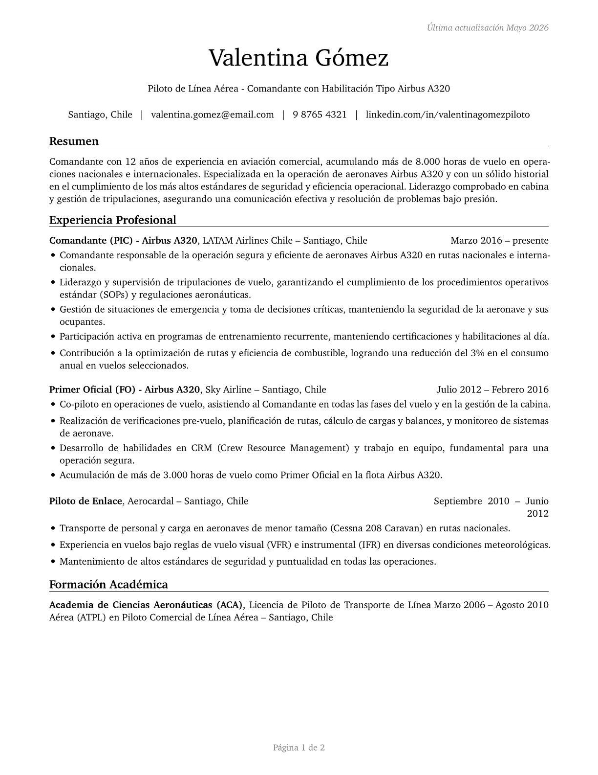 Airline Pilots, Copilots, and Flight Engineers CV in Spanish — page 1