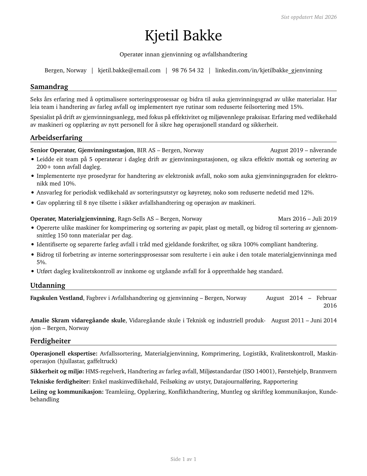 Recycling and Reclamation Workers CV in Norwegian_nynorsk — page 1