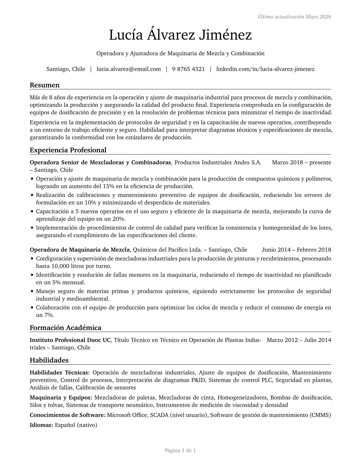 Mixing and Blending Machine Setters, Operators, and Tenders CV in Spanish — page 1