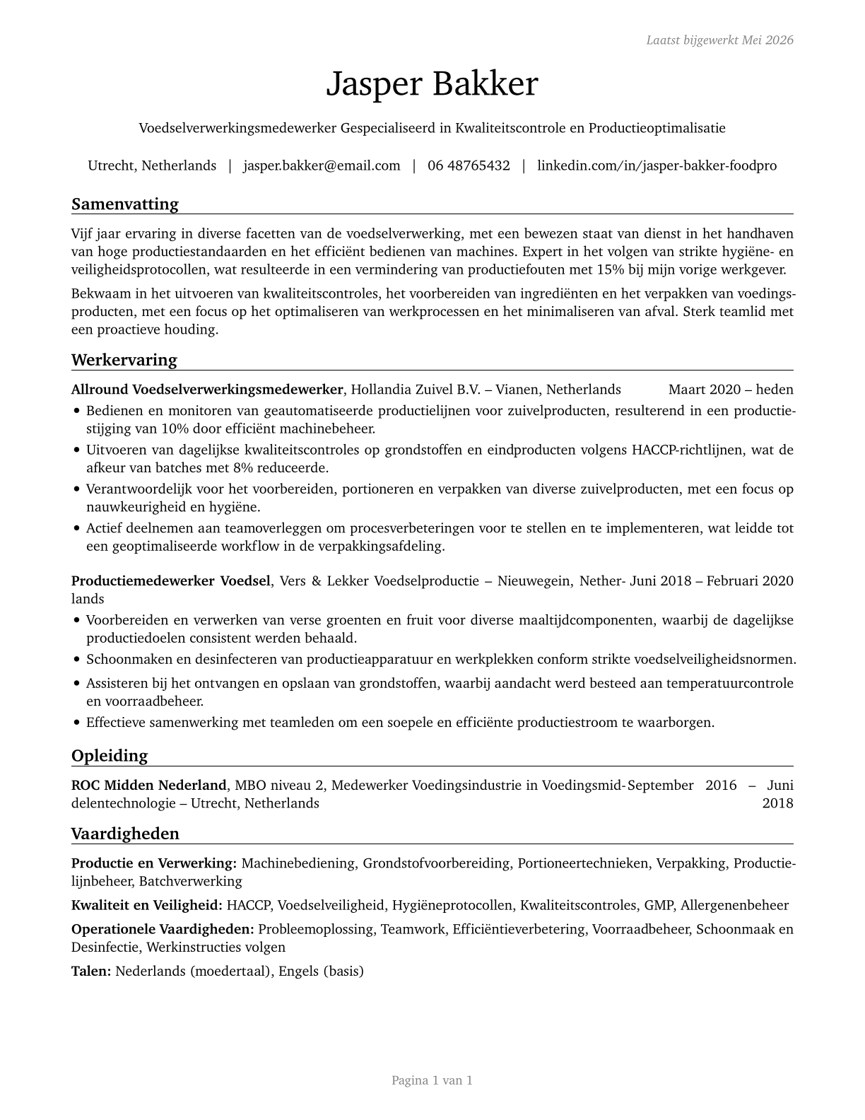 Food Processing Workers, All Other CV in Dutch — page 1