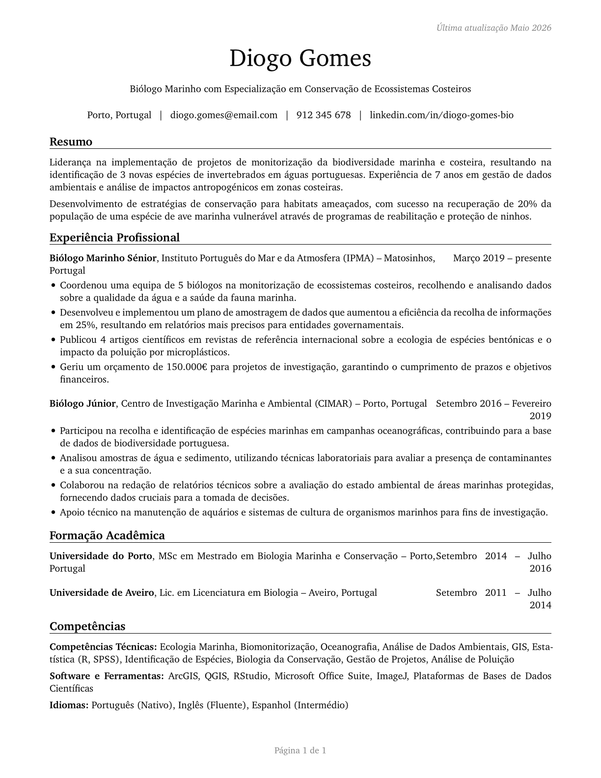 Biologists CV in Portuguese — page 1