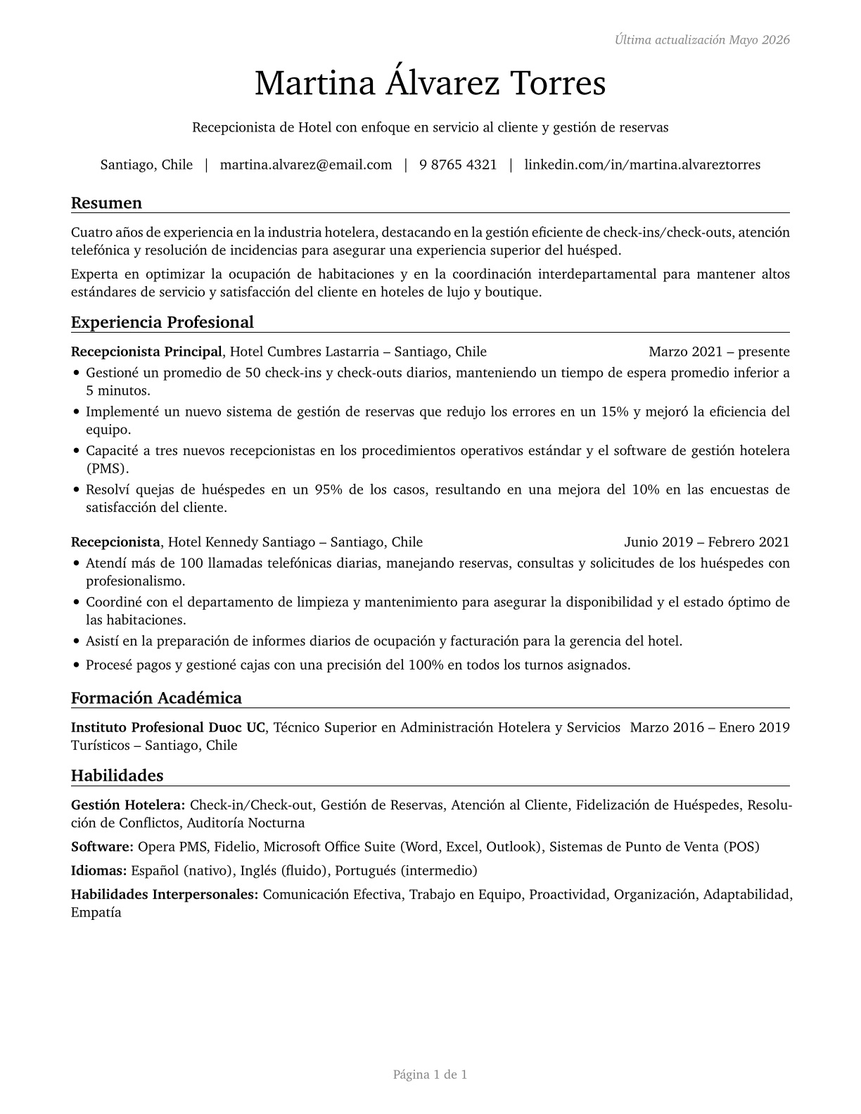 Hotel, Motel, and Resort Desk Clerks CV in Spanish — page 1