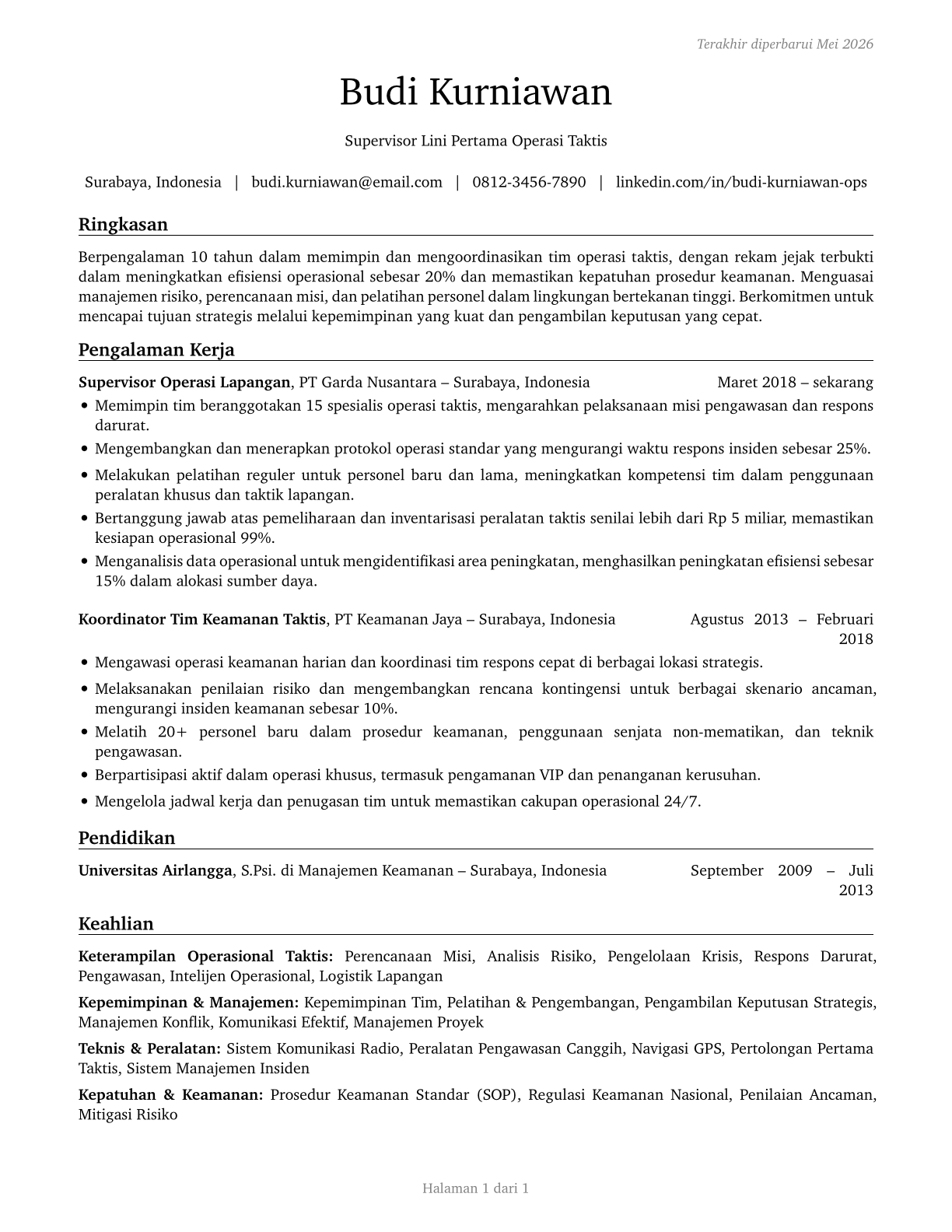 First-Line Supervisors of All Other Tactical Operations Specialists CV in Indonesian — page 1