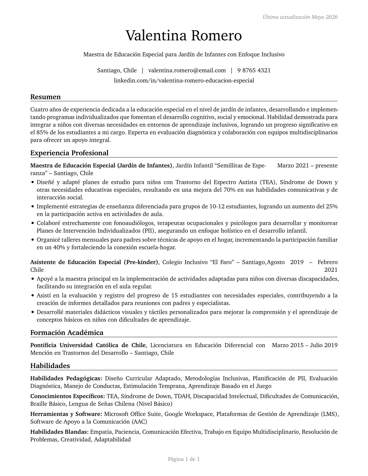 Special Education Teachers, Kindergarten CV in Spanish — page 1