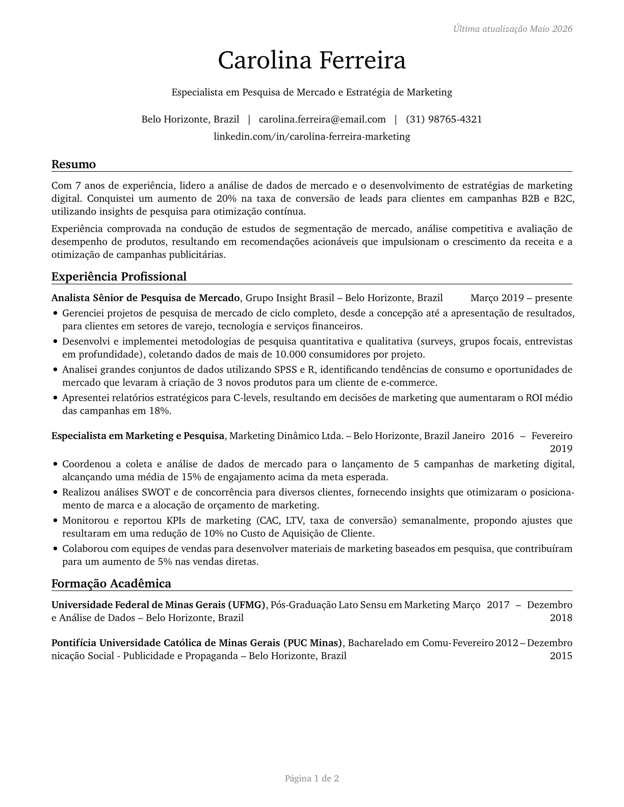 Market Research Analysts and Marketing Specialists CV in Portuguese — page 1