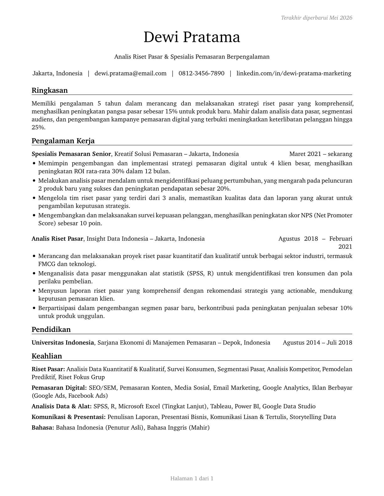 Market Research Analysts and Marketing Specialists CV in Indonesian — page 1