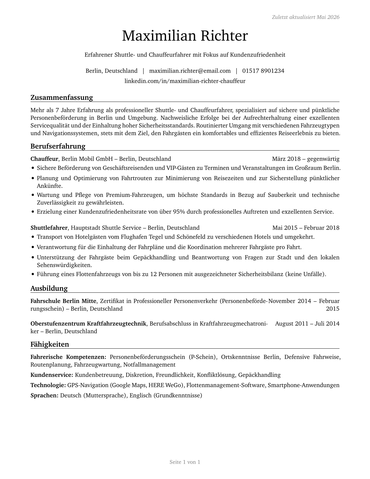Shuttle Drivers and Chauffeurs CV in German — page 1