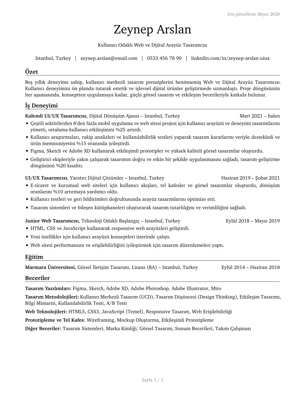Web and Digital Interface Designers CV in Turkish — page 1