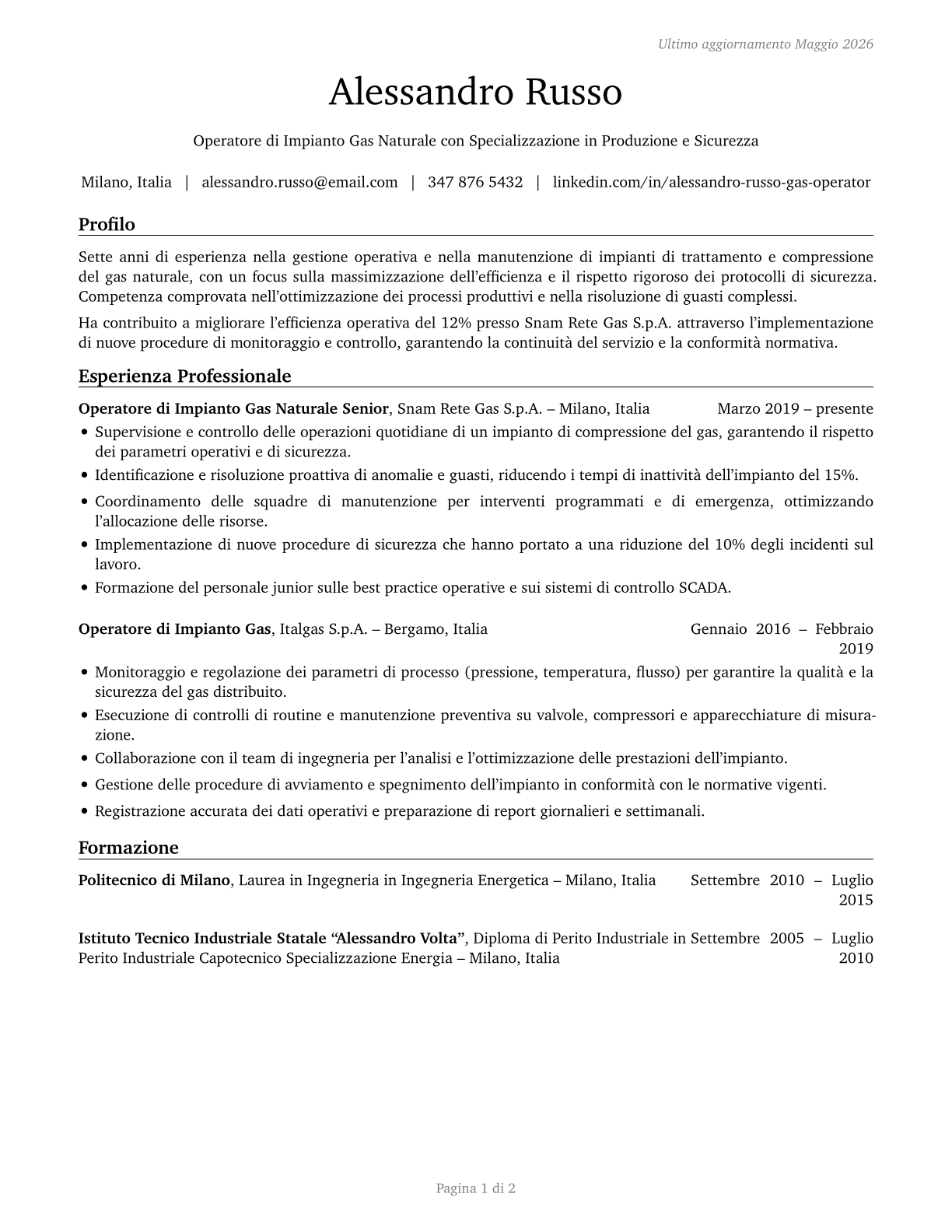 Gas Plant Operators CV in Italian — page 1