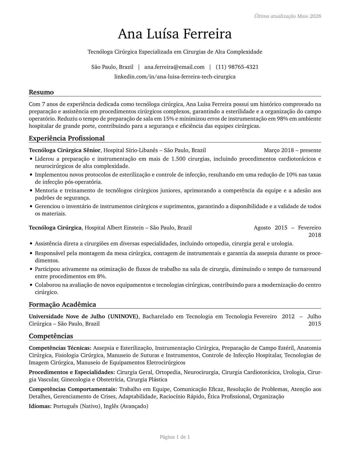 Surgical Technologists CV in Portuguese — page 1
