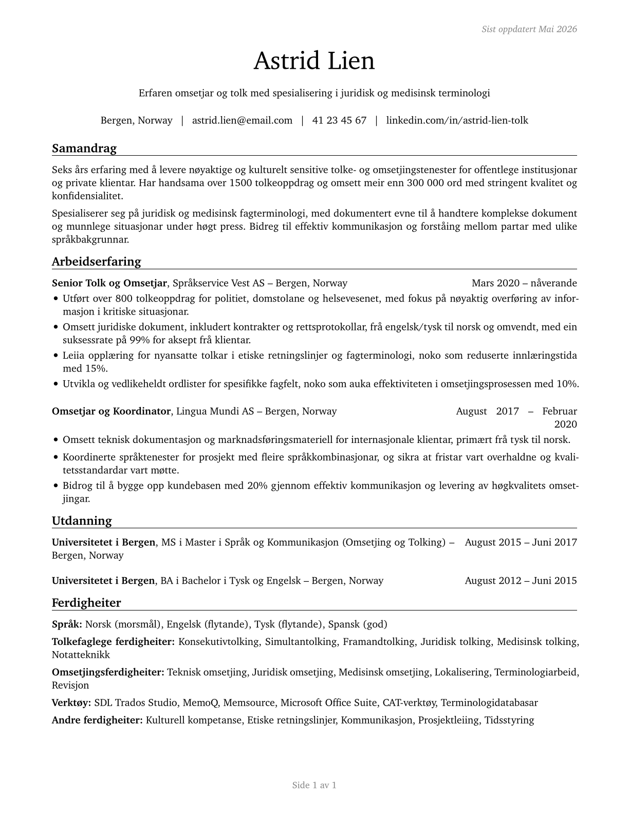 Interpreters and Translators CV in Norwegian_nynorsk — page 1
